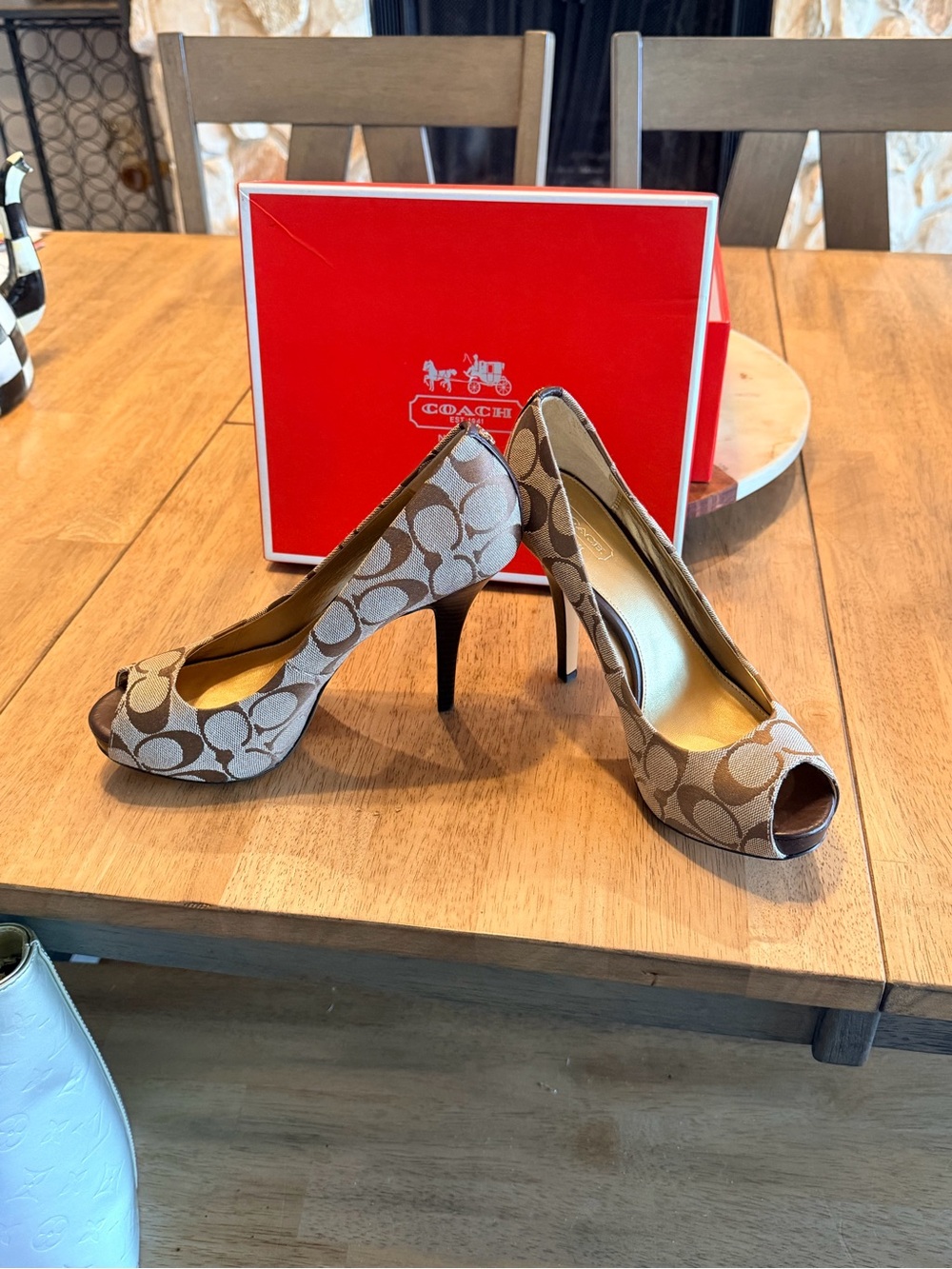 Coach Signature Canvas &Leather Peep-Toe Pumps in Brown
Never been worn!